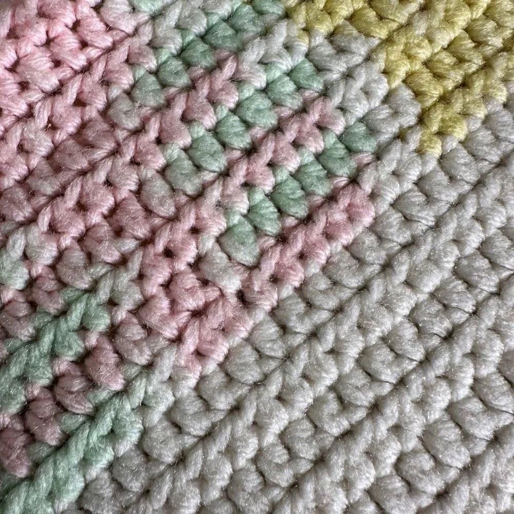 Handmade Crochet Baby‎ Blanket Pink Cream Yellow Pastel Striped Throw 33X26
